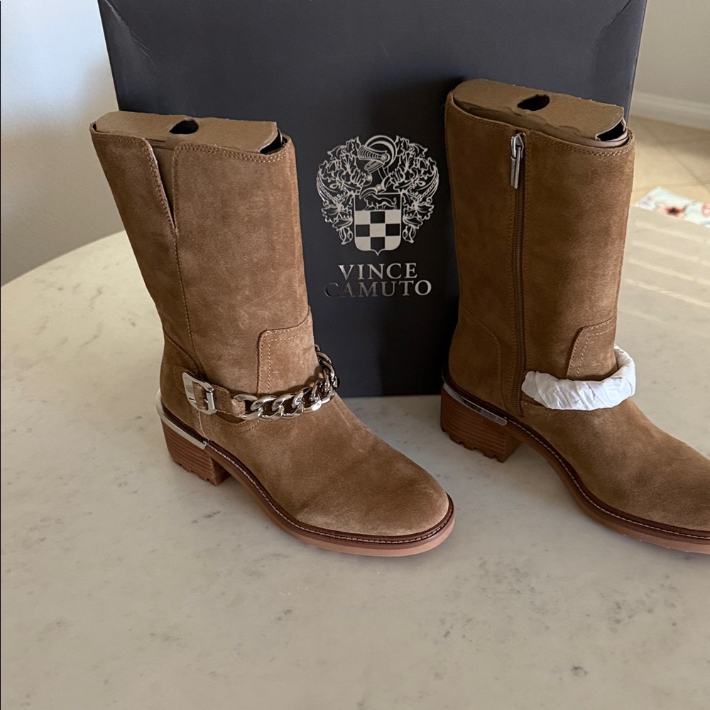 Vince Camuto Tan Suede Boots with Chain Accent